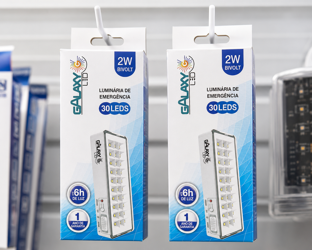 Embalagem Luminária de Emergência Galaxy 30 LEDs — duas unidades