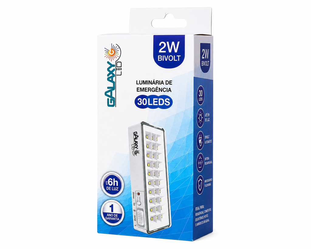 Embalagem Luminária de Emergência Galaxy 30 LEDs — vista frontal e lateral
