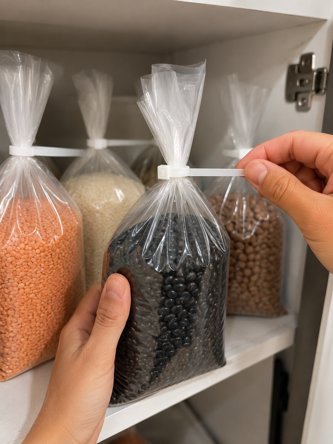 Abraçadeira sendo usada para fechar saco de alimentos na despensa