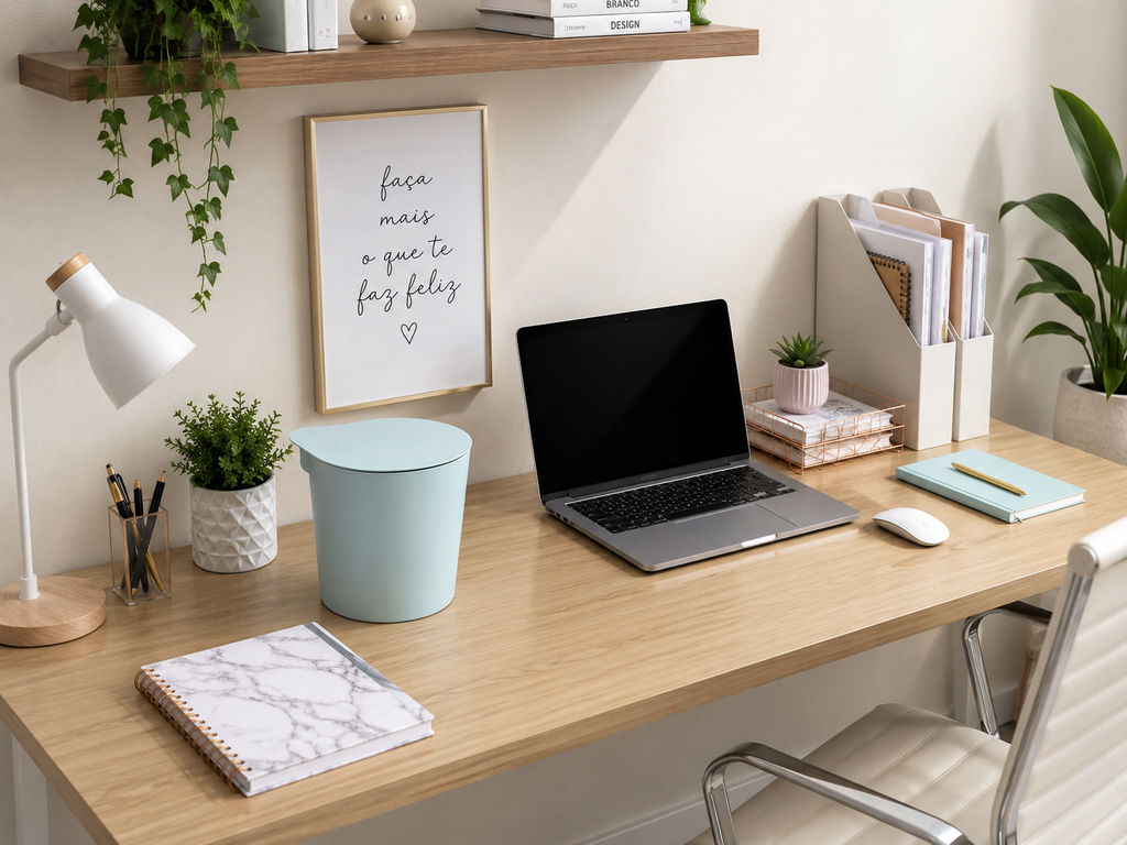 Lixeira de mesa azul em escrivaninha de home office