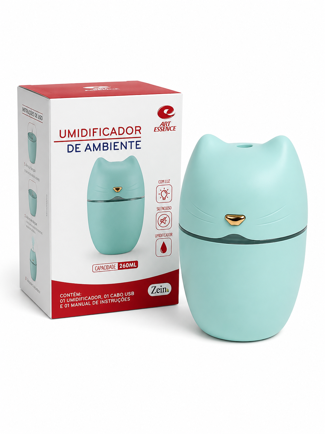Mini umidificador de ambiente verde água Art Essence com embalagem