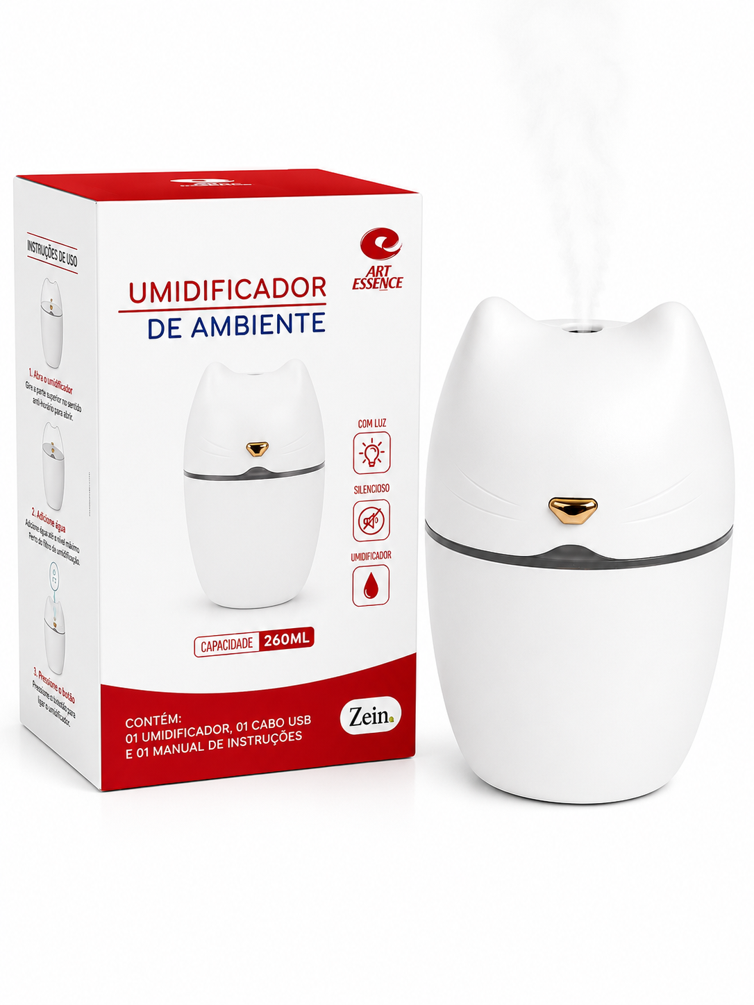 Mini umidificador branco Art Essence com embalagem fundo branco