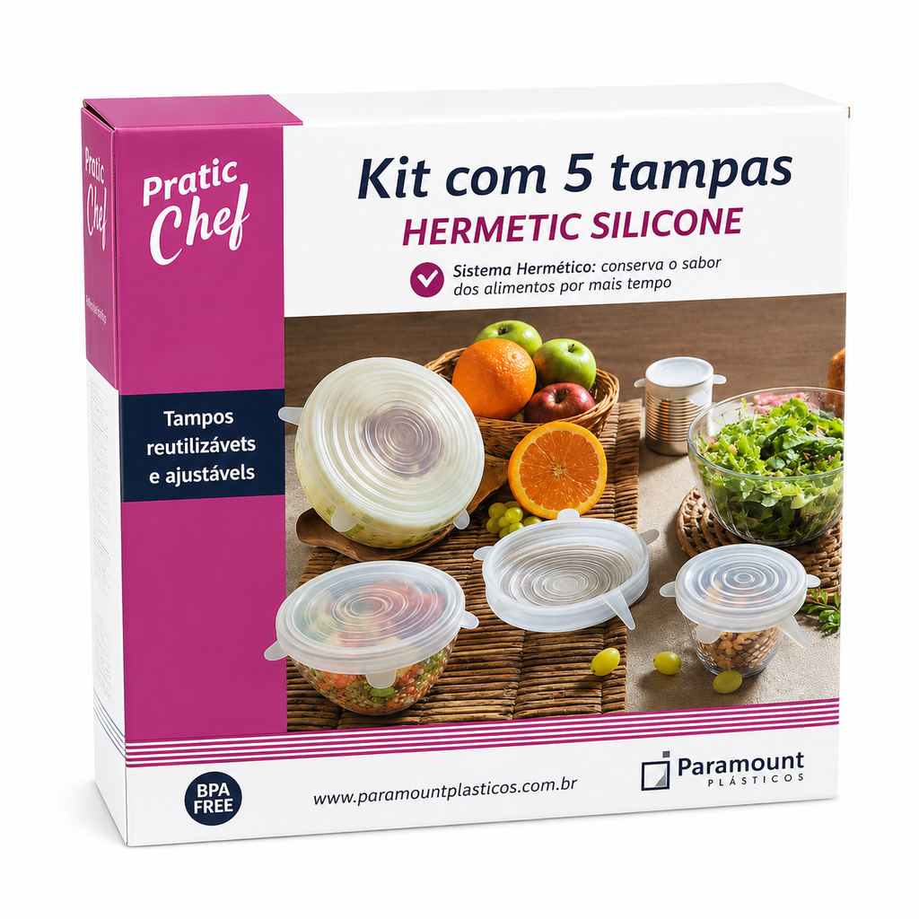 Kit 5 Tampas Herméticas de Silicone Reutilizáveis — Pratic Chef