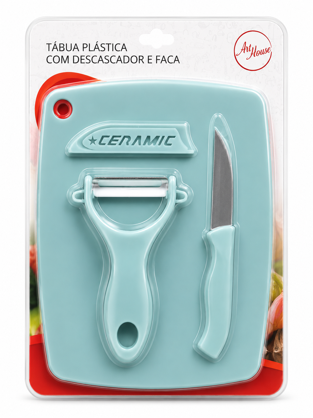 Tábua Plástica com Descascador e Faca Cerâmica Art House