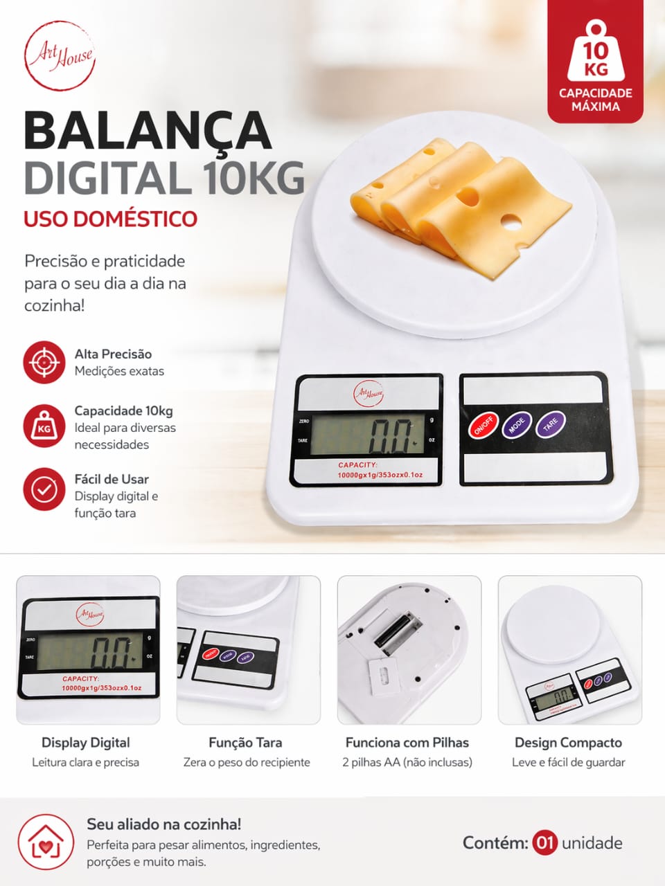 Balança Digital  de Cozinha 10kg Alta precisão para  Uso doméstico